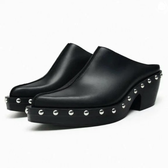 Zara Black Leather Studded Clogs. NWT, Size 38/7.5 NWT - Picture 2 of 6